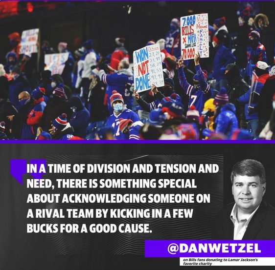 Yahoo Sports: 2 Bills fans, 1 tweet and 1 Reddit post triggered over $450K for a Lamar Jackson charity. Is this sports’ next great tradition?