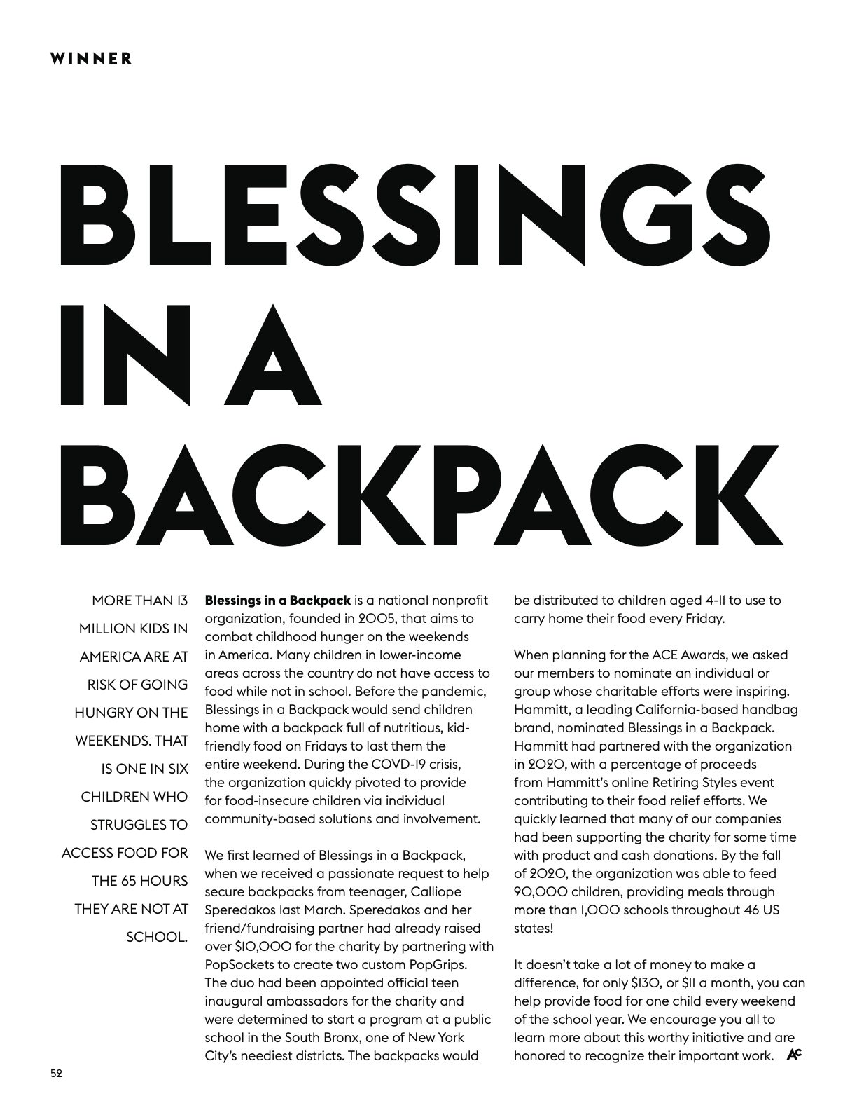 ACE Winner Blessings Article about Blessings by ACE Awards