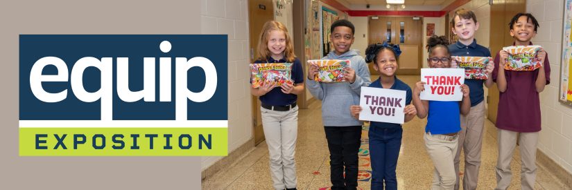 Equip Expo logo with a picture of children saying thank you.